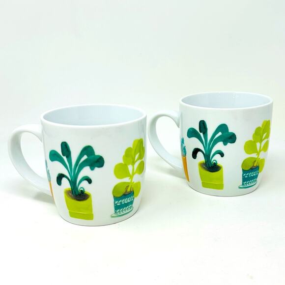 Succulent Plant Mugs Set of Two Ceramic Houseplants White Green Multicolor - Picture 1 of 10